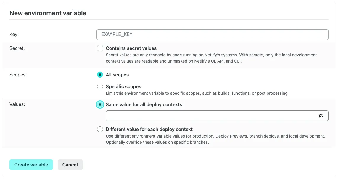 create environment variables in Netlify