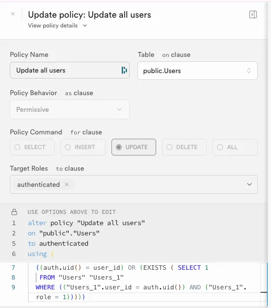 Supabase policy for admins and authenticated users