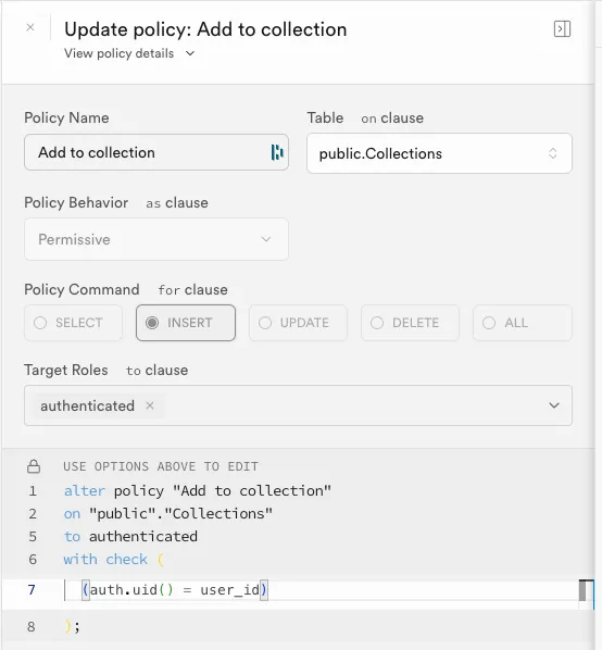 Supabase policy for authenticated users