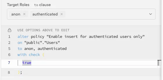 Supabase policy for any users